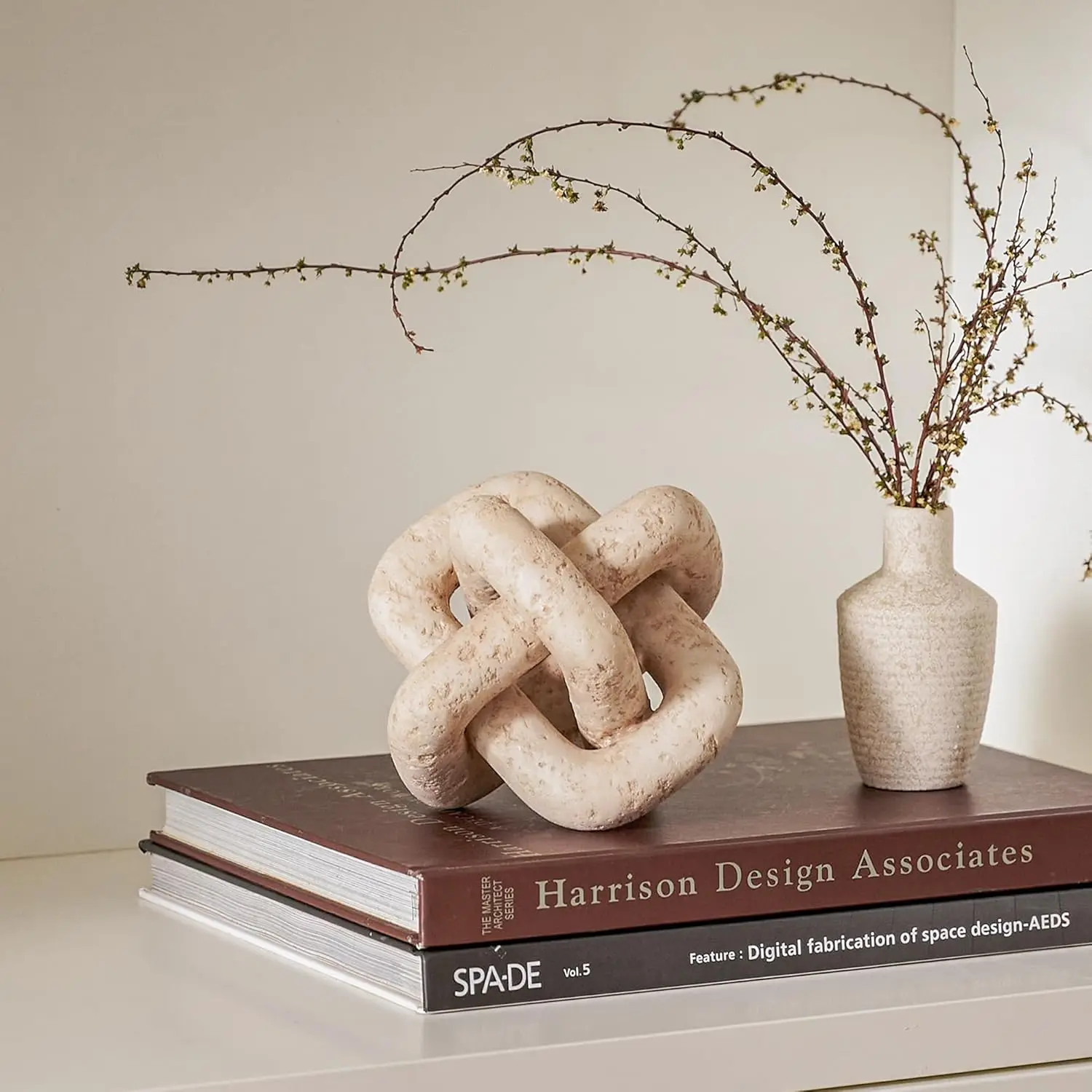 3 Link Knot Decor Beige Travertine Chain Link Objects for Home Living Room Farmhouse Bedroom Shelf Entryway Coffee Table