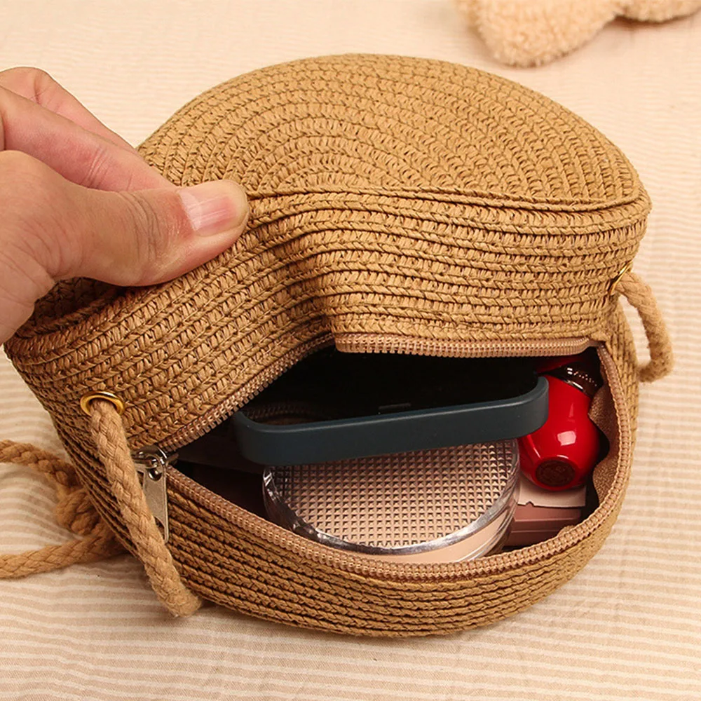 Round Straw Bag Women Woven Summer Beach Crossbody Shoulder Bag for Ladies Rattan Handmade Knitted Candy Color Small Handbags
