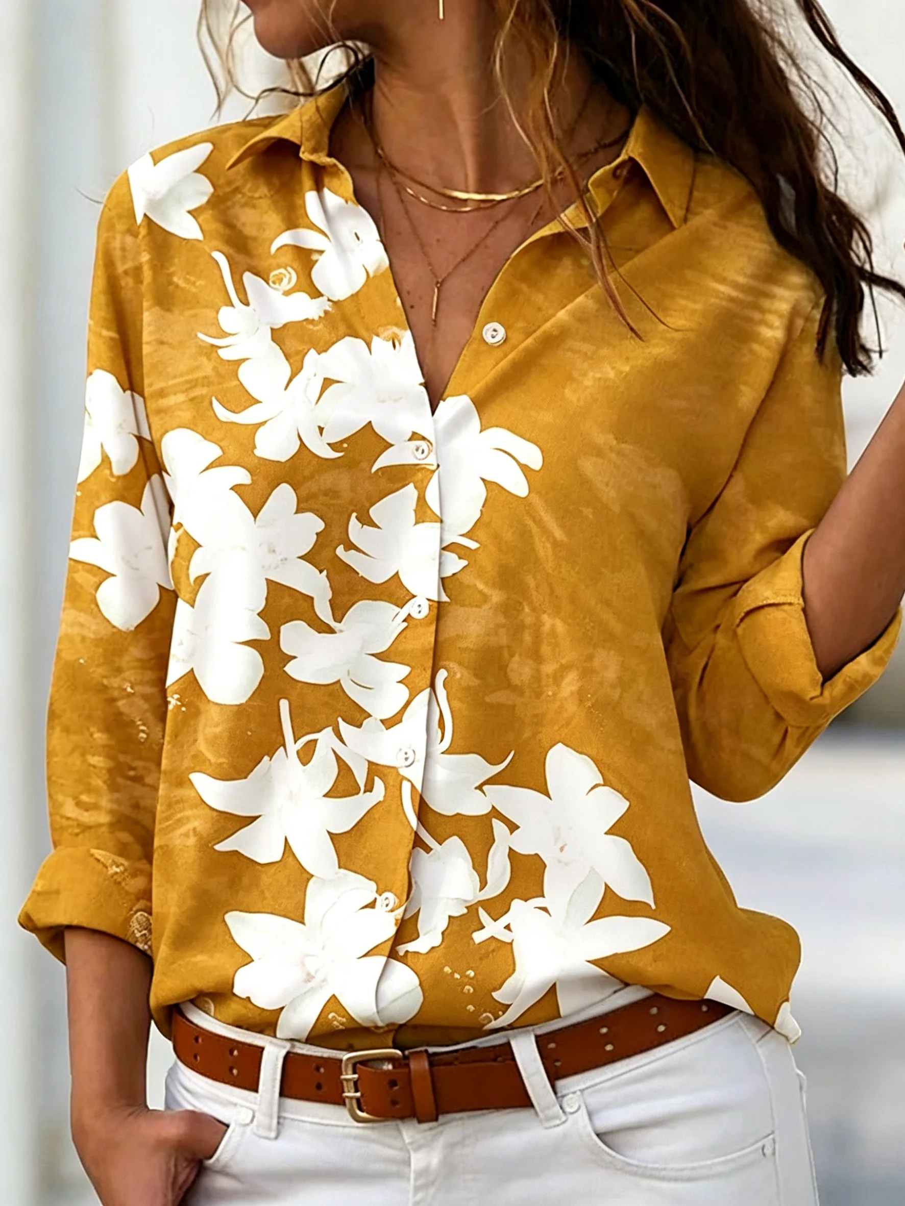 

Women's Long Sleeve Floral Print Button Down Casual Shirt Elegant Daily Blouse Tops in Yellow for Spring Summer