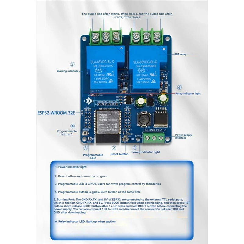 

DC7-28/5V Источник питания WIFI Bluetooth 2-канальный 30A Релейный модуль Макетная плата ESP32 Вторичная разработкаn01r