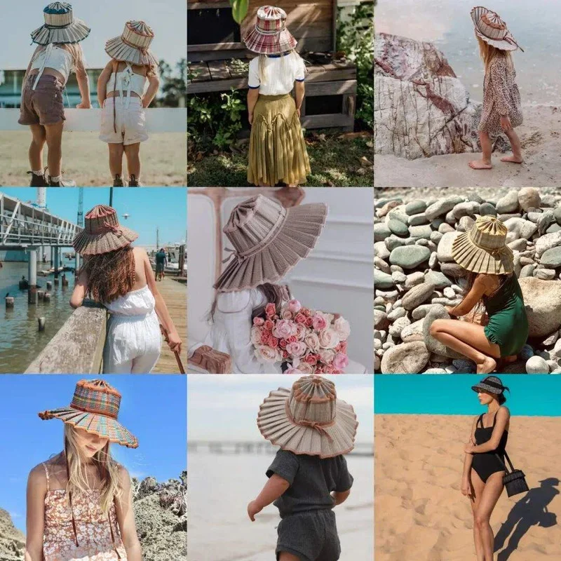 Parent-child Lorna Style Foldable Straw Hat Hand-woven Panama Straw Hat Personality Plaid Bow Sunscreen Children Sun Bucket Caps