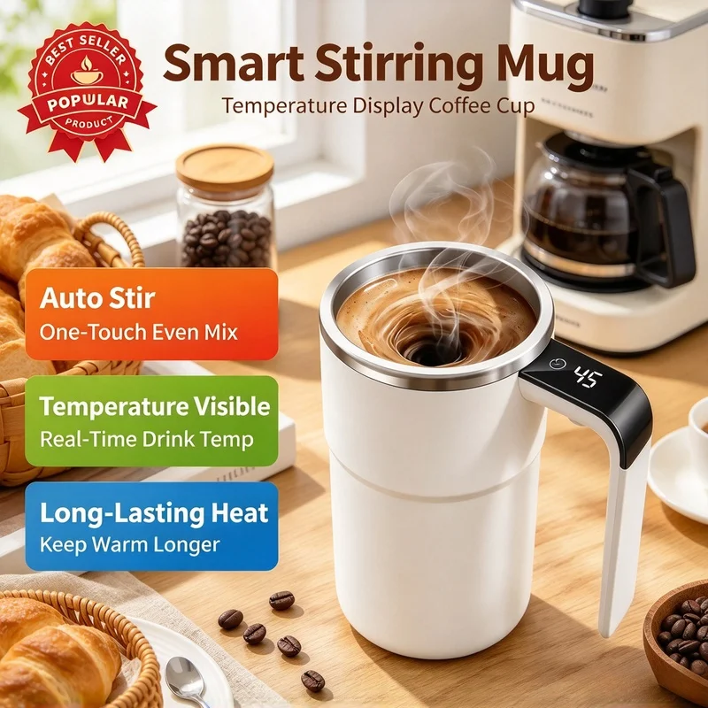 380ML Magnetic Self Stirring Coffee Mug IP67 Waterproof USB Charging Electric Mixing Cup Digital Display for Coffee Cocoa