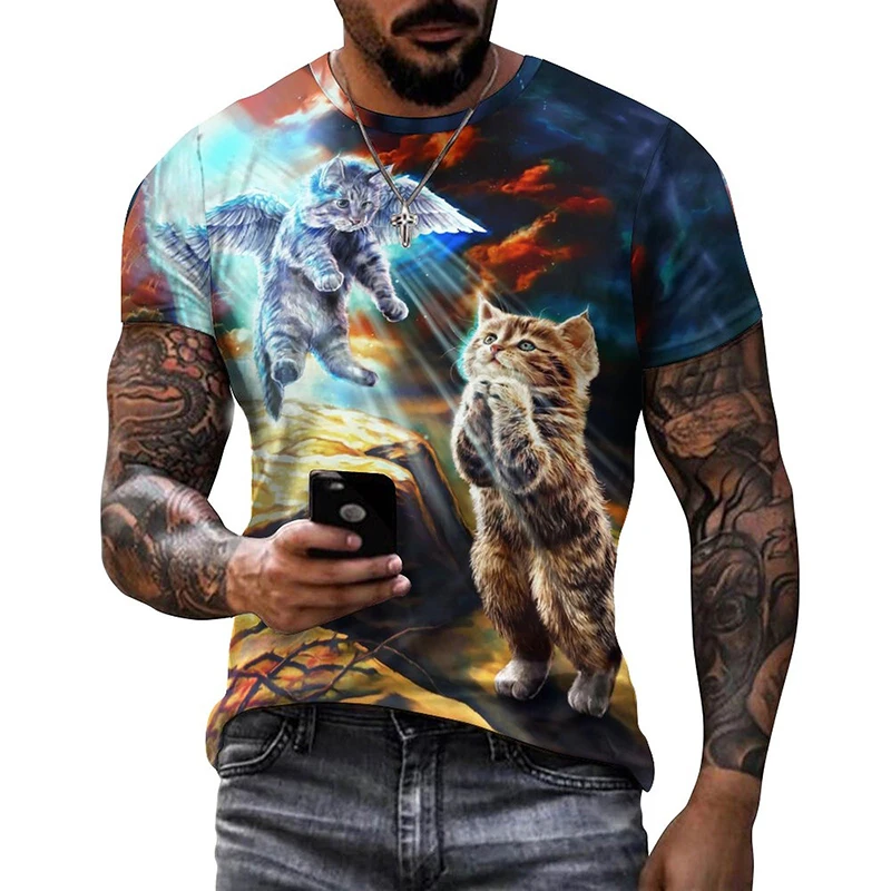 3D-Druck Bunte Lustige Katzen-Grafik T-Shirts für Männer Sommer Kurzarm Herren Tee Tops Mode Lässig Übergrößen Streetwear – Detail 6