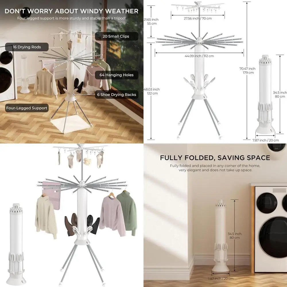 

Foldable 4-Leg Drying Rack with 20 Clips, Shoe Dryer, Portable Laundry Rack for Clothes, Socks, Shoes