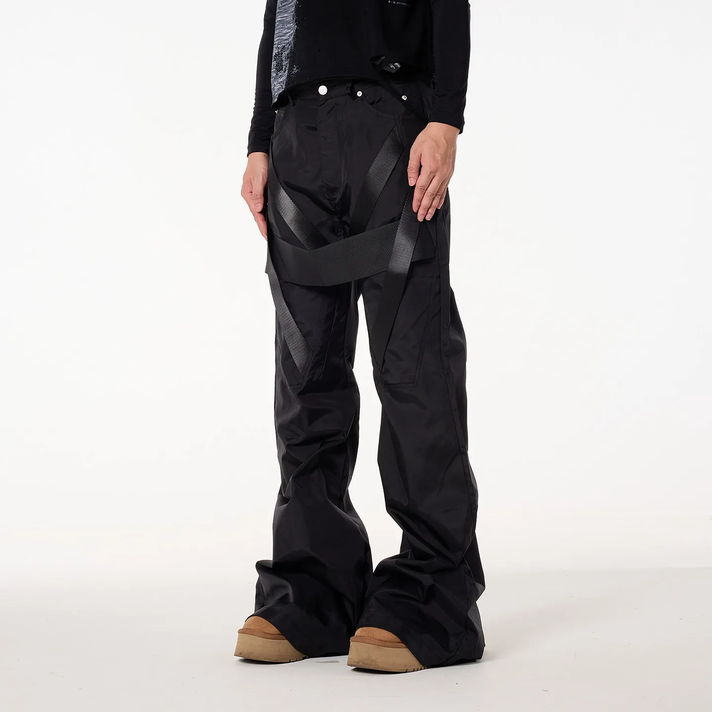 Fashion American Retro High Street Visual Strap Wide Leg Mop Nylon Workwear Casual Pants Men