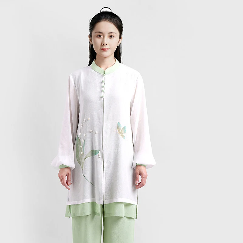 Women's Premium New Chinese Style Tai Chi Uniform for Qigong - White Silk Linen, Hand-painted Buttons & Butterfly Print, Unisex