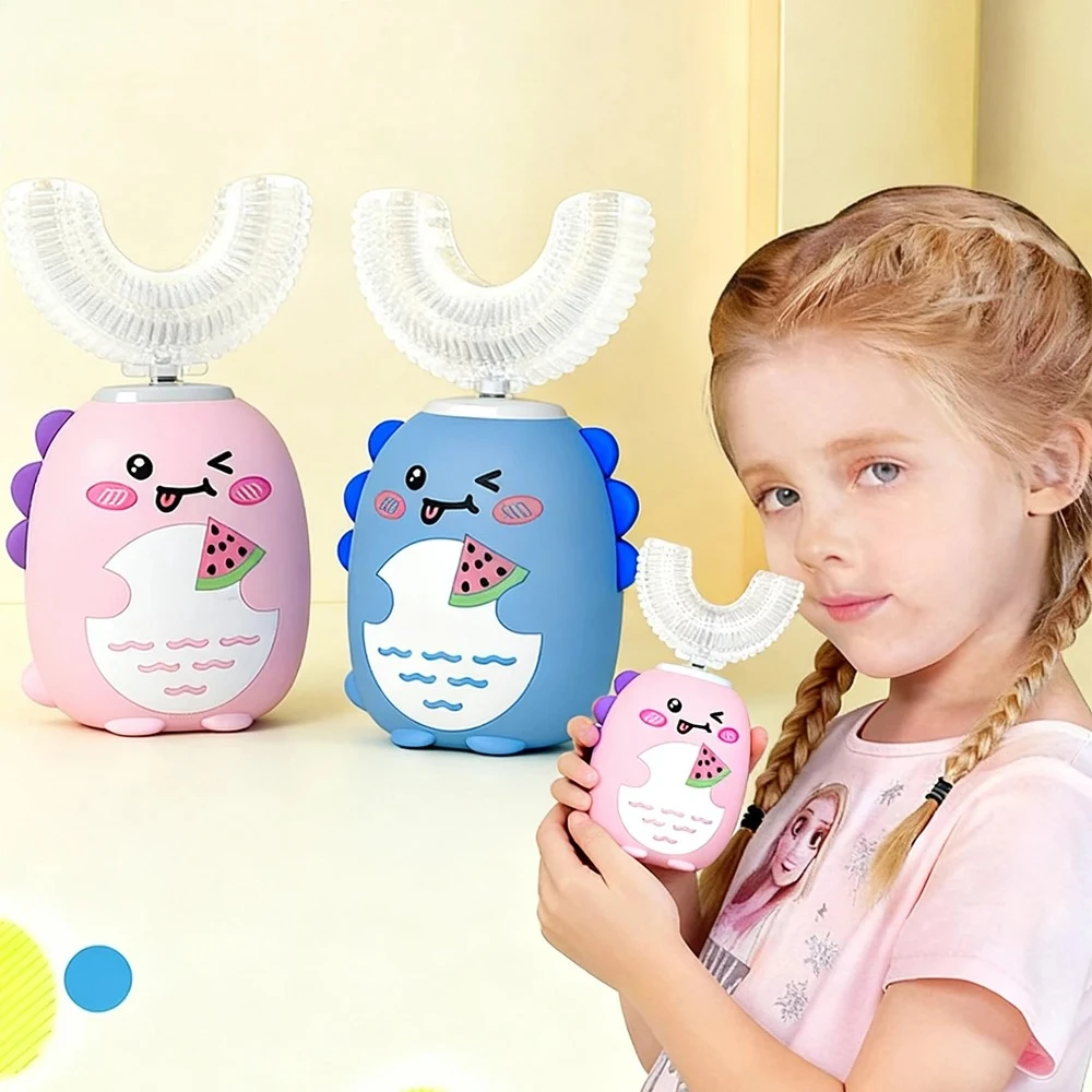 Children U-shaped Electric Toothbrush 360°Automatic Electric Toothbrush Rechargeable Smart Blue Light IPX7 SiliconeToothbrush