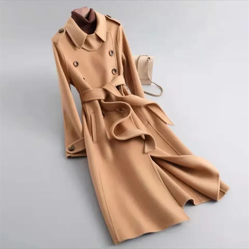 

Fashion With Belt Black Woolen Long Coat For Women Oversize Loose Double Button Lapel Overcoat Autumn Lady High Street Outerwear