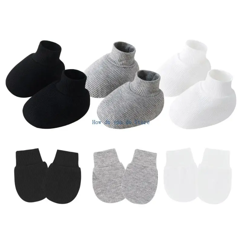 19QF غطاء اليد لحديثي الولادة واقيات القدمين مجموعة للطفل حتى 6 أشهر بلون لطيف من نسيج القطن مع الجوارب