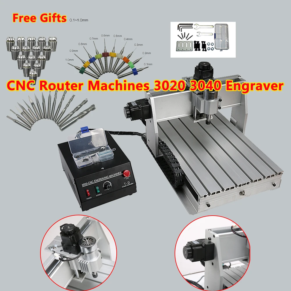 CNC Router Wood Machines 3040 3020 Engraving Milling Cutting Equipment Free Gift PCB Drill 10 Pcs ER11 Collet 14 Sets Knife Bits