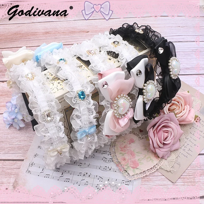 Japanese Style Romantic Handmade Bow Rhinestone Lace Edge Headband Sweet Hair Accessories for Women Girls Lolita Headband