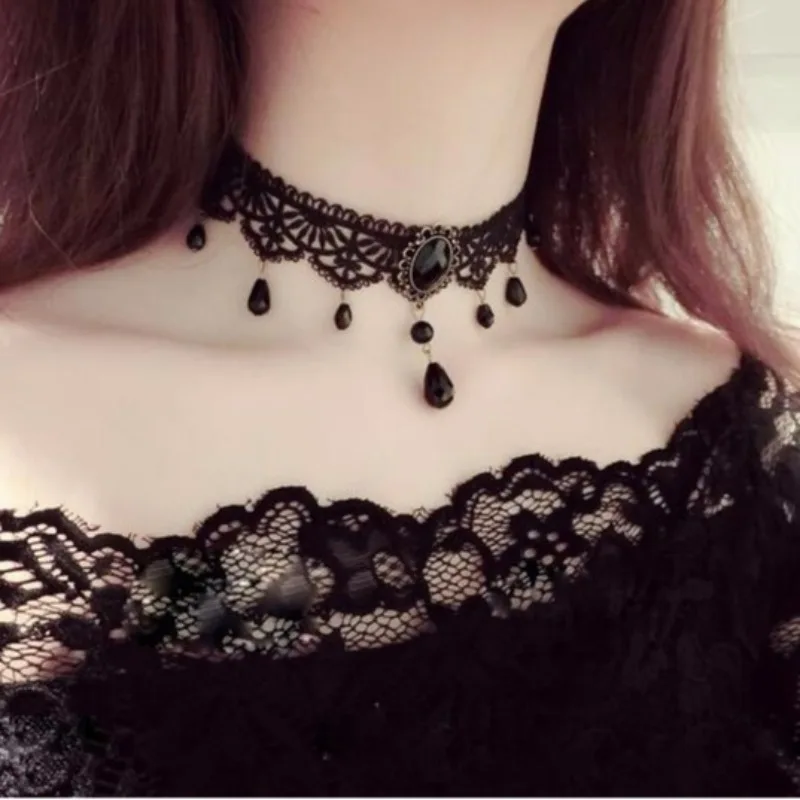 New sexy Gothic chocolate crystal black lace necklace retro Victorian era women's chocolate punk necklace
