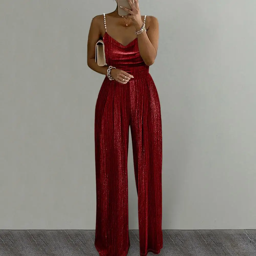 

V-neck Jumpsuit Elegant Pearl Deep V Neck Jumpsuit for Women Wide Leg Solid Color High Waist Party Prom Jumpsuit Soft Fabric