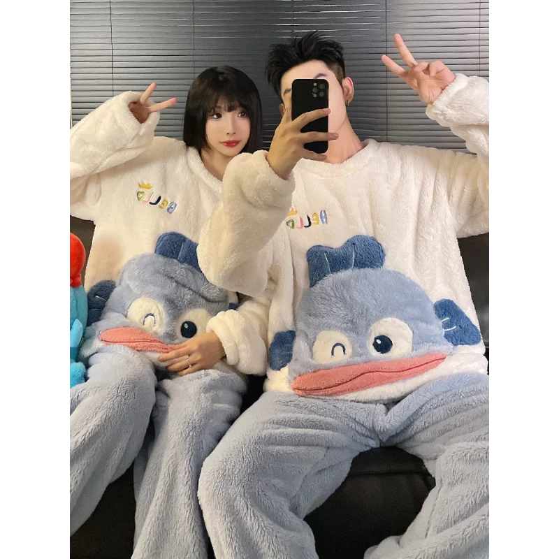 Cartoon Sanrio couple pajamas winter plush warm round neck loose jade cinnamon dog two-piece loungewear women\'s pajamas set