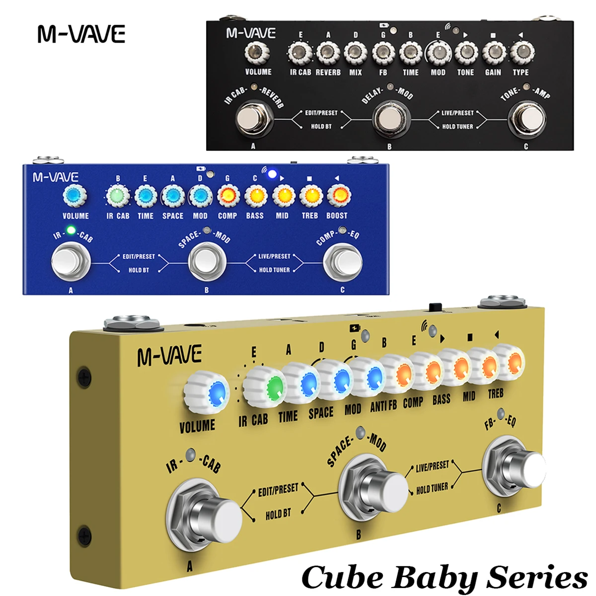 M-VAVE Cube Baby 3-in-1 Guitar Effect Pedal - Bass (Blue) / Acoustic (Yellow) / Electric (Black), 9 Preamp, 8 IR, BT Audio