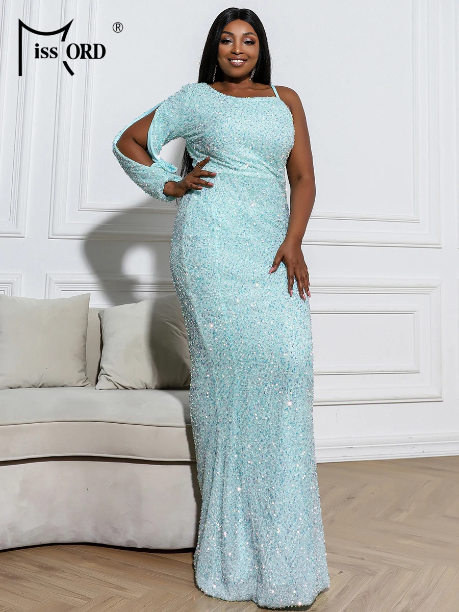 Missord Light Blue Sequin Plus Size Party Dresses Elegant Women One Shoulder Split Long Sleeve Bodycon Prom Dress Evening Gown