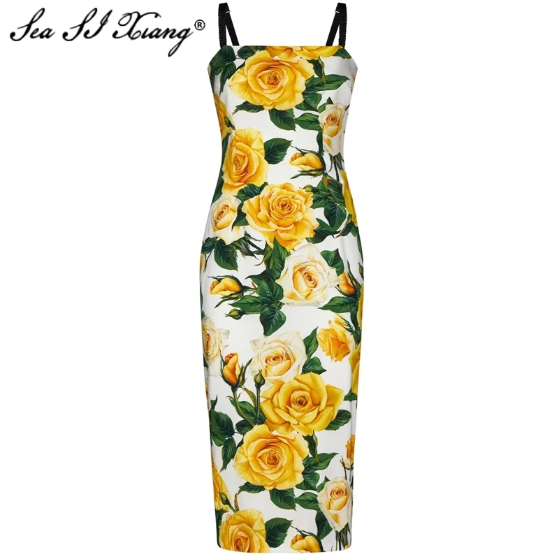 

Seasixiang Designer Summer Silk Pencil Dress Women Spaghetti Strap Yellow Floral Print Elegant Party Package Buttocks Dresses