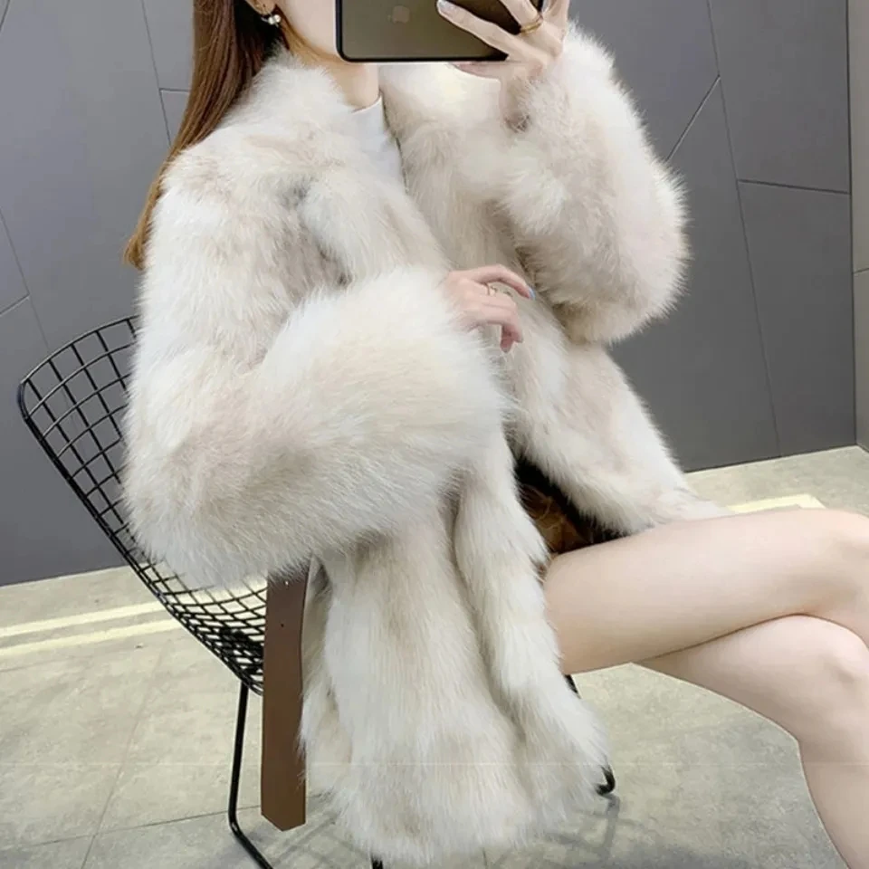 Faux Fox Fur Coat Women Winter Thicken Warm Jacket Coat 2024 New  Medium-Long Fur Coat Winter Fur Loose Belt Cotton Jacket Coat