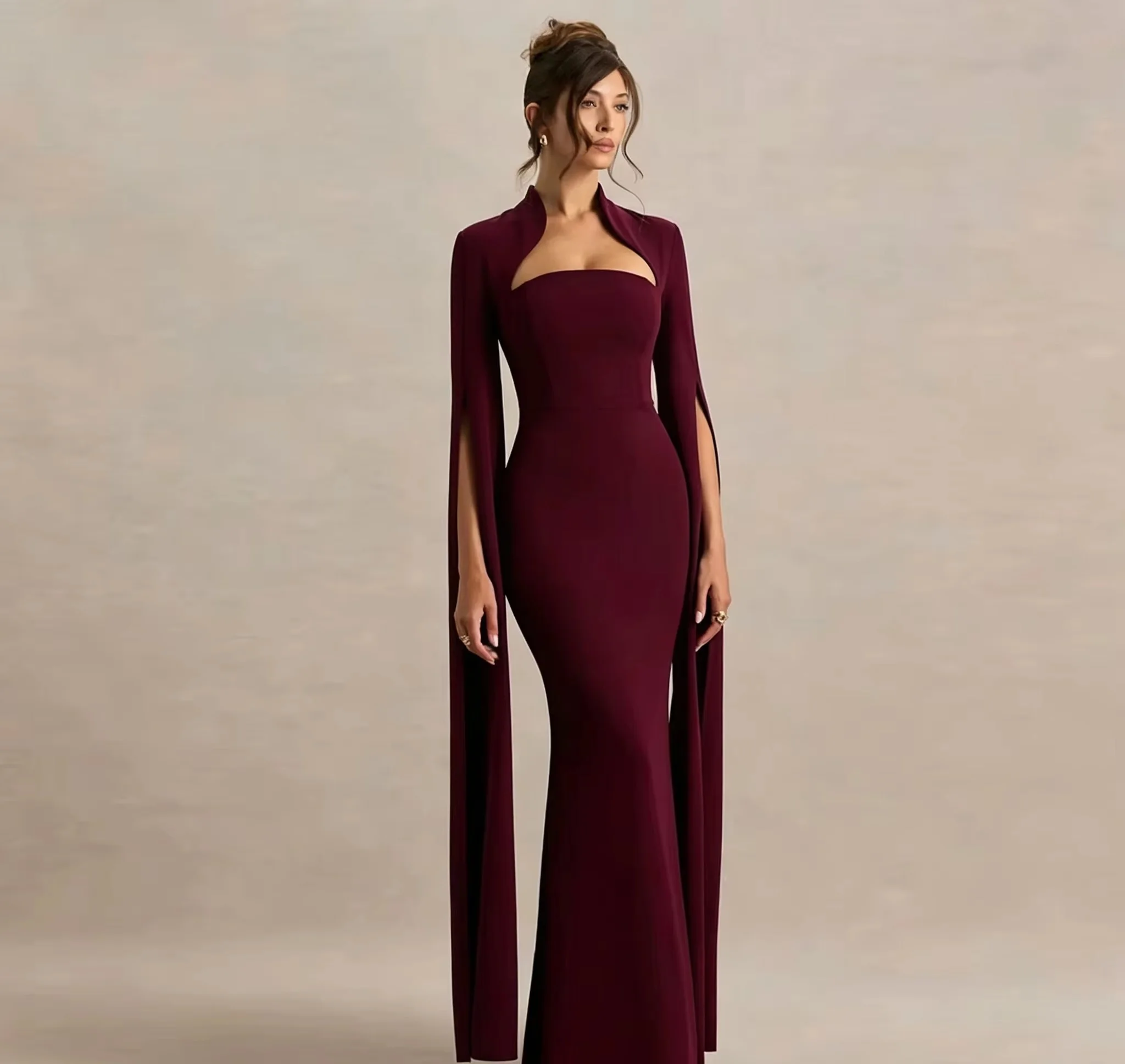 

KFDER Modern Burgundy Strapless Long Cape Sleeves Evening Dresses Floor Lenth Formal Party Gowns Custom Dress robes de soirée