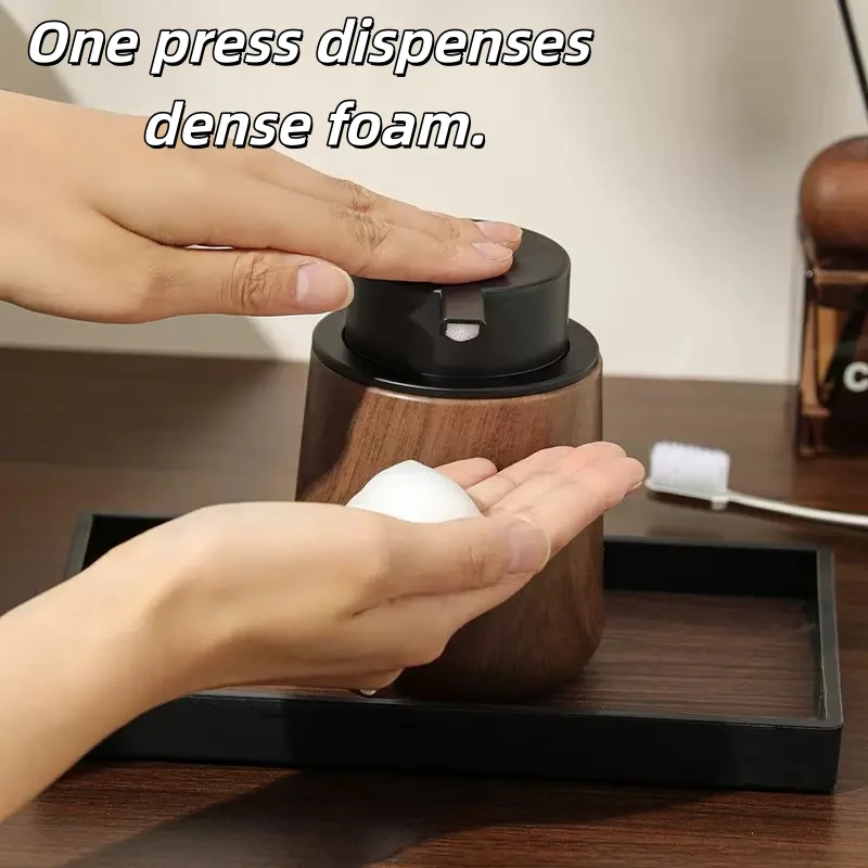 1pc Walnut Wood Grain Foam Soap Dispenser, 360° Sealed Leak-Proof, Refillable Press Bottle for Bathroom and Kitchen Hand Washing