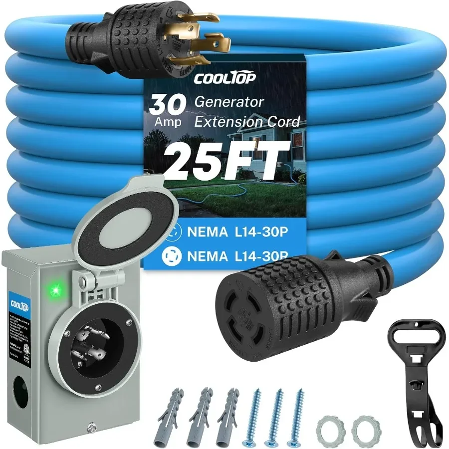 

Комплект шнура генератора на 30 А и впускной коробке, 25 футов, 4-контактный удлинитель генератора, кабель 10 калибра 125 250 В NEMA L1430P к L143