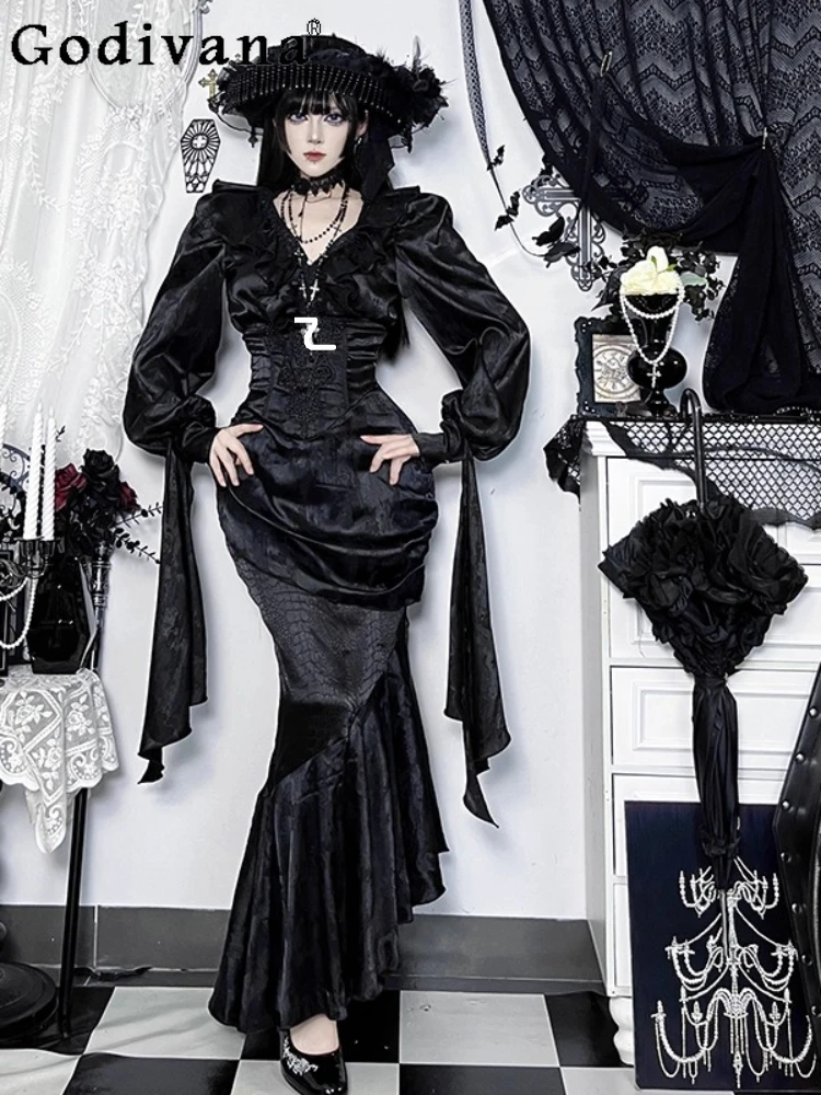 Halloween Subculture Sexy Long Sleeve V-Neck Fashion Shirt Spring Autumn High Waist Age Reduction Gothic Cos Fishtail Skirt