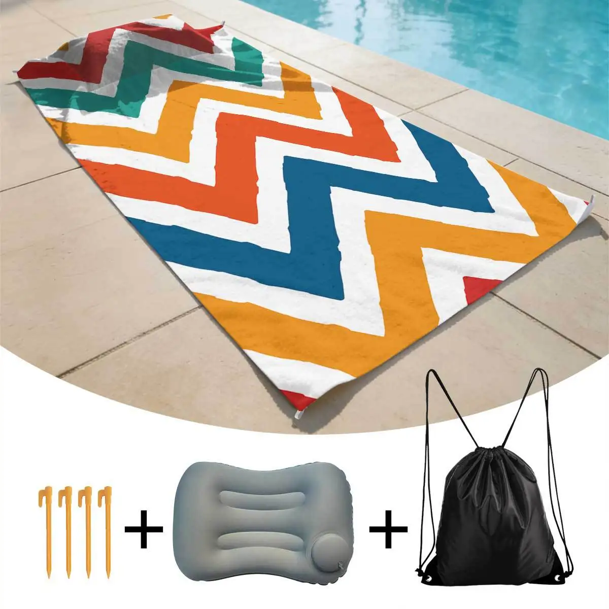 Large Summer Beach Towel Set Microfiber Free Sand Bath Towel Outdoor Swimming Towel with Inflatable Pillow Camping Nails