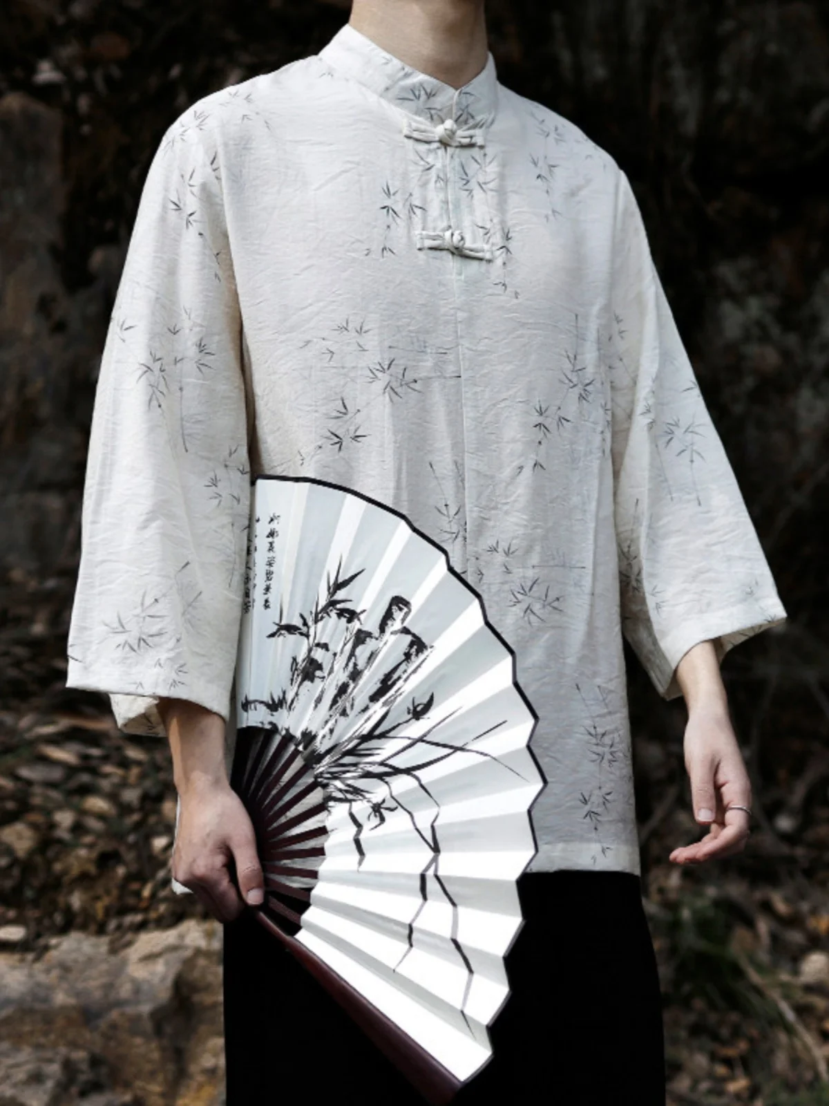 

Ice Silk Men's Shirt Thin Seven-Quarter Sleeve Chinese Style Summer Fashionable Youth Printed Button down No Iron Treatment