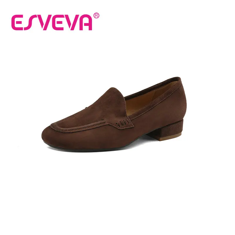 

ESVEVA 2023 Square Heel Kid Suede All Match Women Elegan Spring Vintage Style Slip On Office Round Toe Shoes Woman 34-41