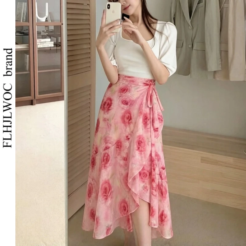 Ruffles Wrap Up Chic Korea New FLHJLWOC Women Cute Girls Floral Robe Holiday Beach Date  Retro Vintage One-Piece Lace-Up Skirts