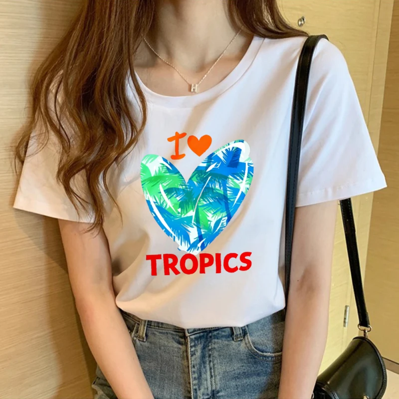

Женская футболка с принтом в тропическом стиле с принтом сердца, синий и зеленый градиент с круглым воротником и принтом, летний повседневный топ для отпуска