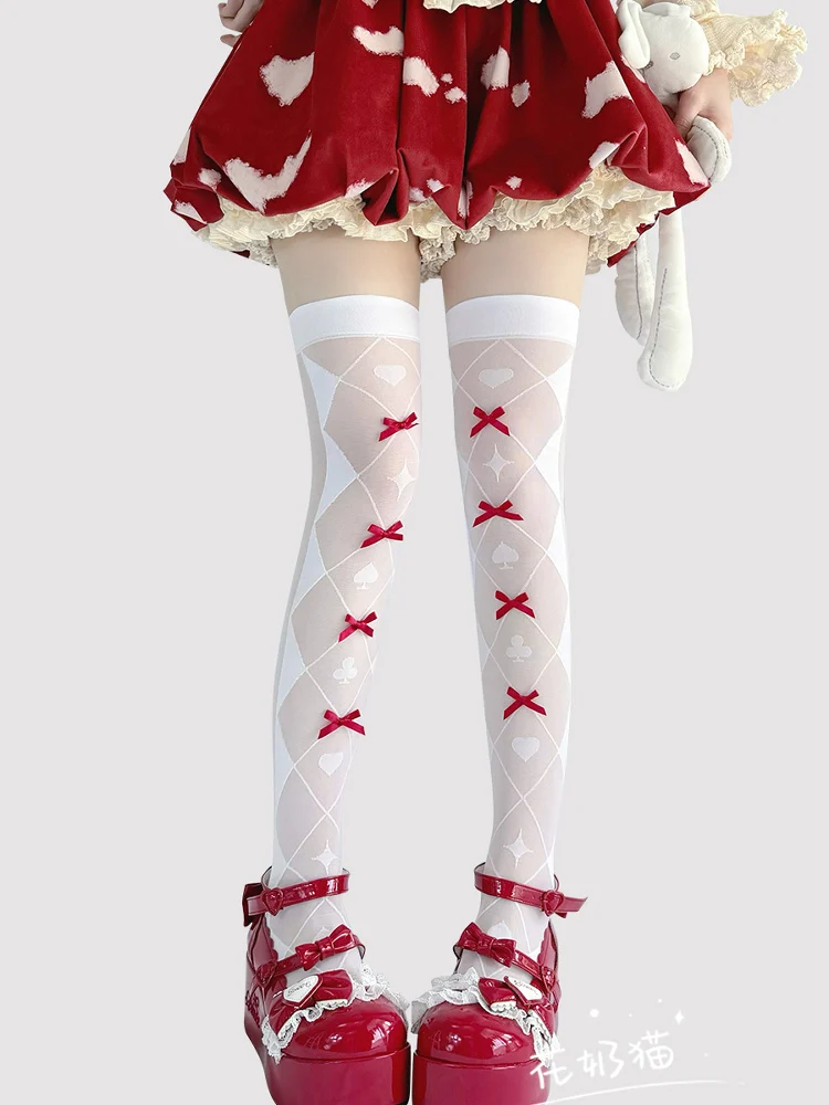 

Dark Lolita peach white over-the-knee socks for women summer thin cored silk bow white silk stockings