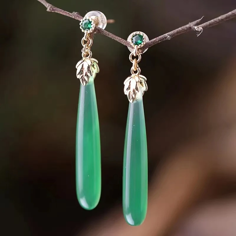 New natural chrysoprase ear studs oval foliage long earrings for women retro style high-end classic wedding silver jewelry