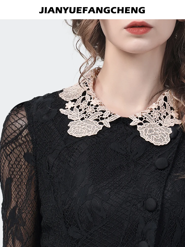 2024 New Black Hollow Out Lace Shirt Tops Women\' Long Sleeve Slim White Lapel Collar Bottoming Shirt Vintage Casual Blouses