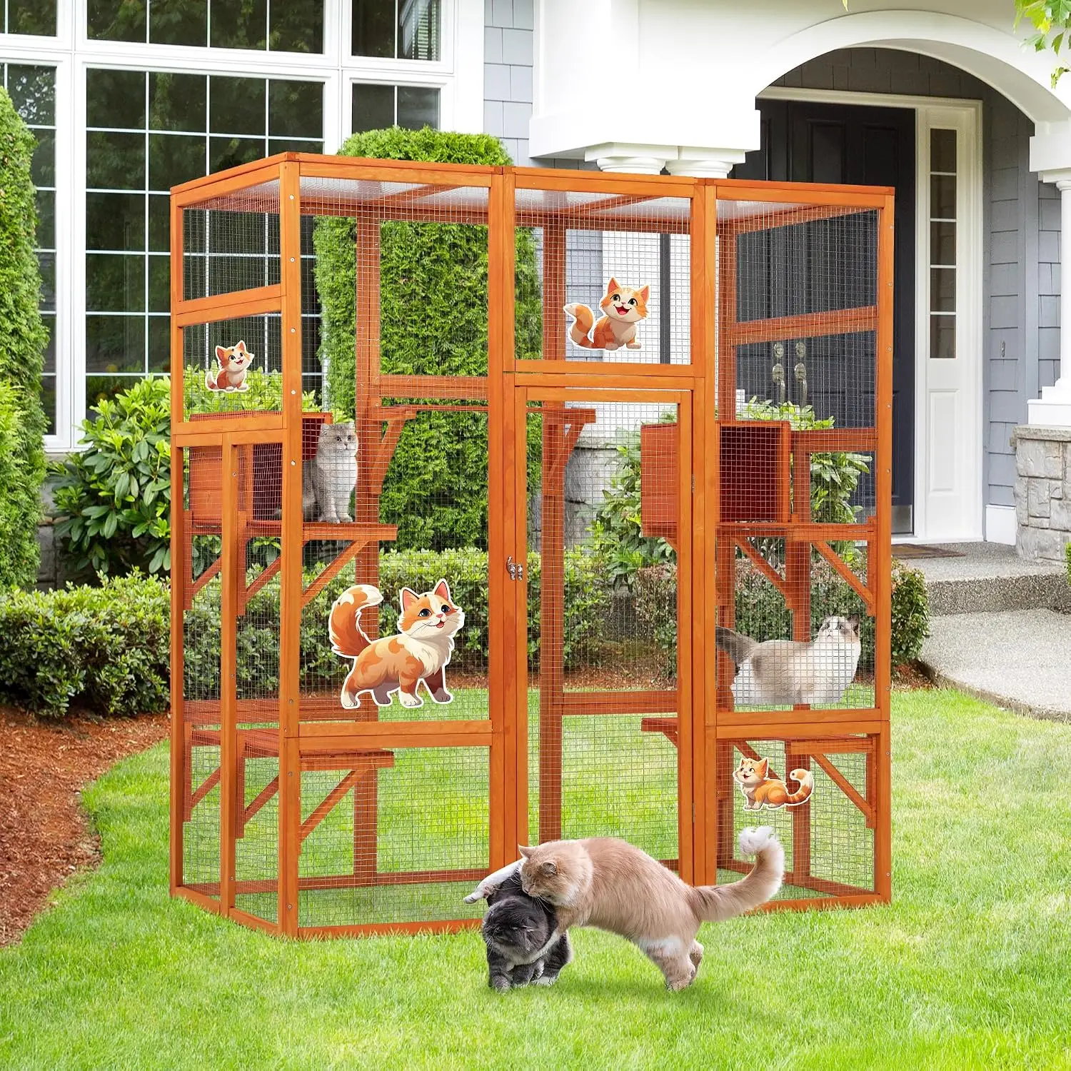 Spacious House For 2-3 Cats，2 Condos, Stable & Breathable Design. Perfect For Patios, Balconies, Or Windows. Grey Finish