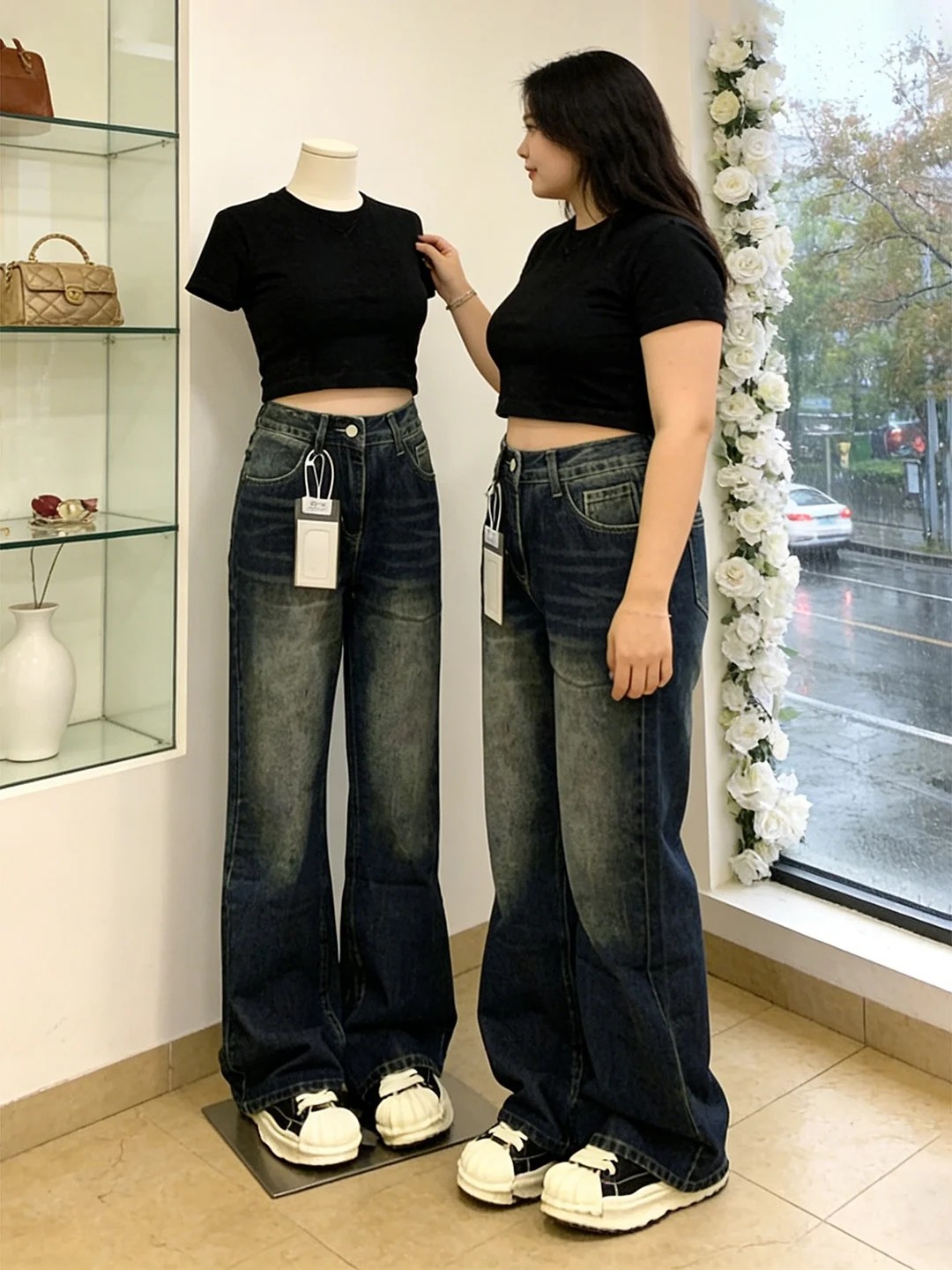 

American Retro Bell Bot Jeans Women's plus Size Pear ape High Waist Slimming Hip Covering Wide Leg Pants Casual Sle