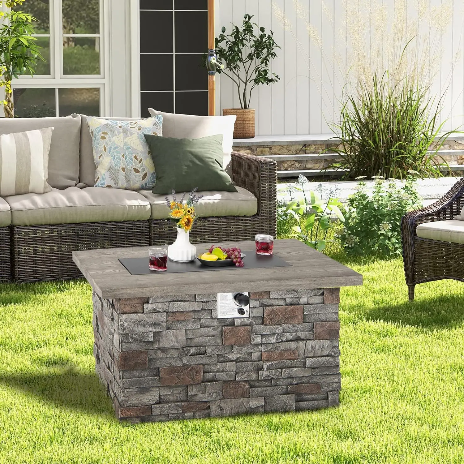 

50,000 BTU Propane Fire Pit Table, Patiojoy 43.5 Inch Rectangle Fire Table with Faux Stone Surface, Outdoor Gas Fire Pit Table