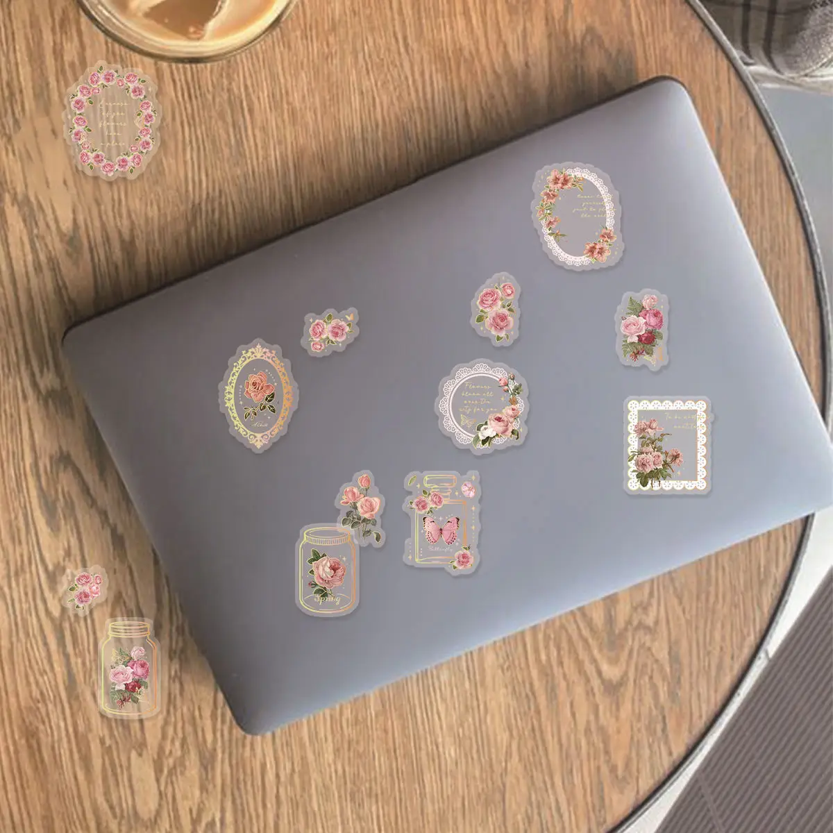 3Sheets PET Hot Stamping Process Retro Plant Pink Begonia Flower Waterproof Collage Rich Patterns DIY Cups Decoration Stickers