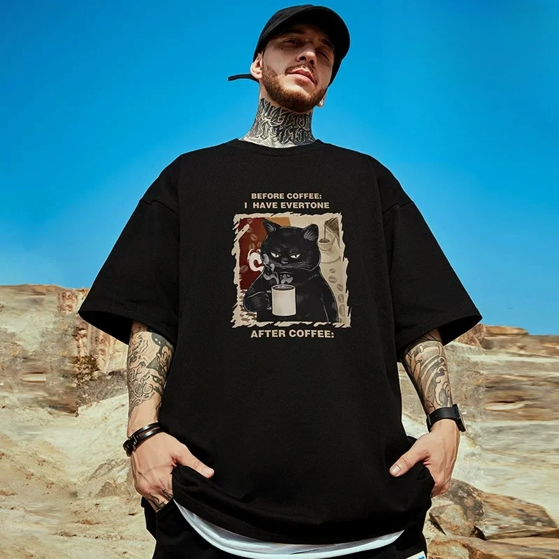 Summer New American Streetwear Men Black White Cartoon Cat Letter Print Oversized Drop Shoulder Round Neck Short Sleeve T-shirt