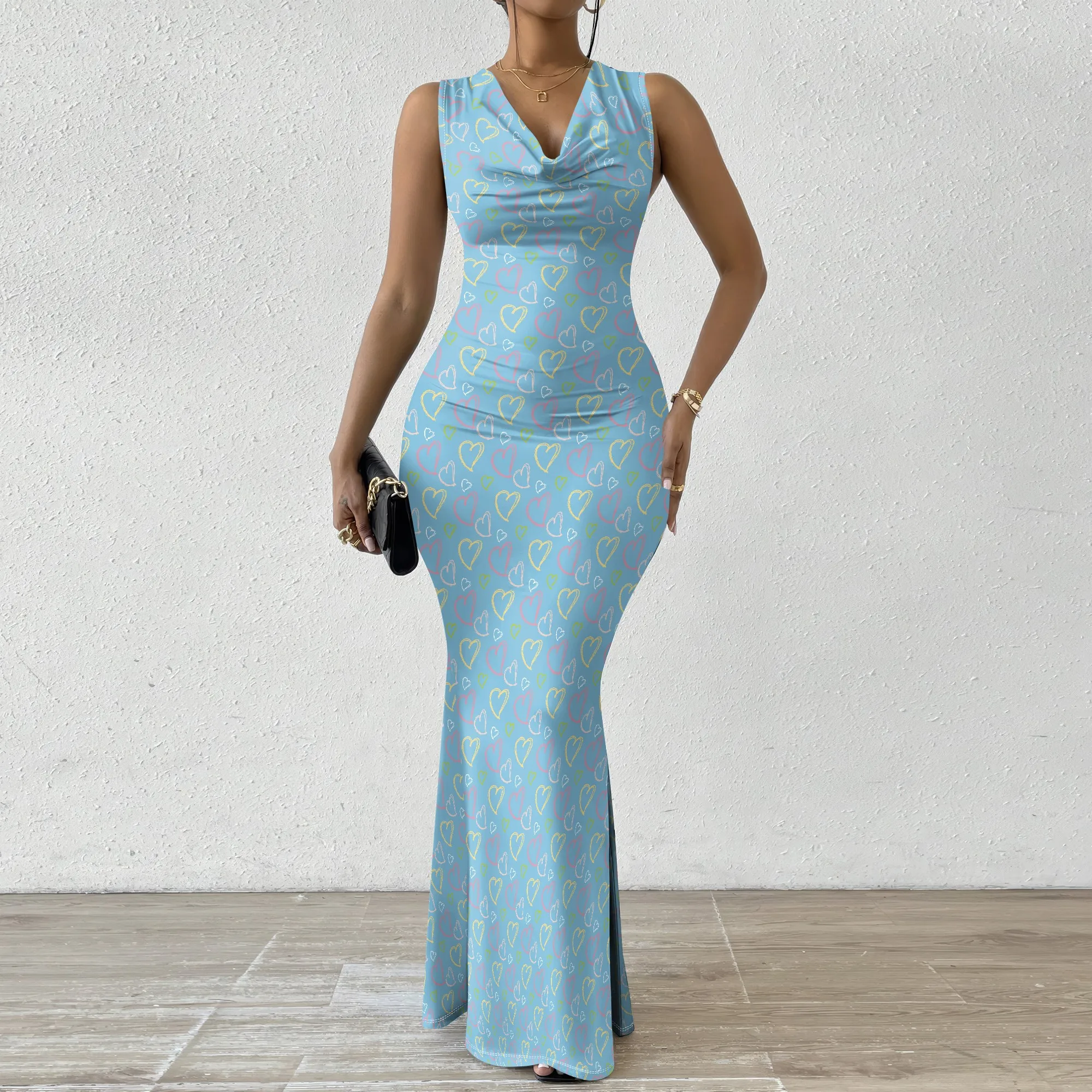 

Women's Mermaid Dress Fitted Cowl Neck Fishtail Dress XS-2XL Love Motif for Art Gallery Opening Social Mixer