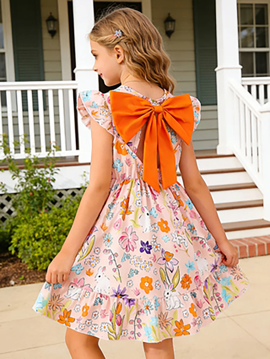 Oster-Hasen-Blumenkleid für Mädchen, Sommerkleid mit Flatterärmeln und A-Linien-Prinzessinnenrock, Süßes Kinder-Urlaubskleid – Detail 2