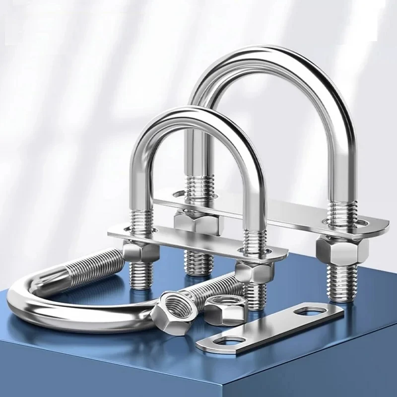 M6 M8 U Bolt Pipe Clamp Set 304 Stainless Steel - Round U Type Tube Holder with 2 Nuts & Flat Plate / Fixed Buckle for Plumbing