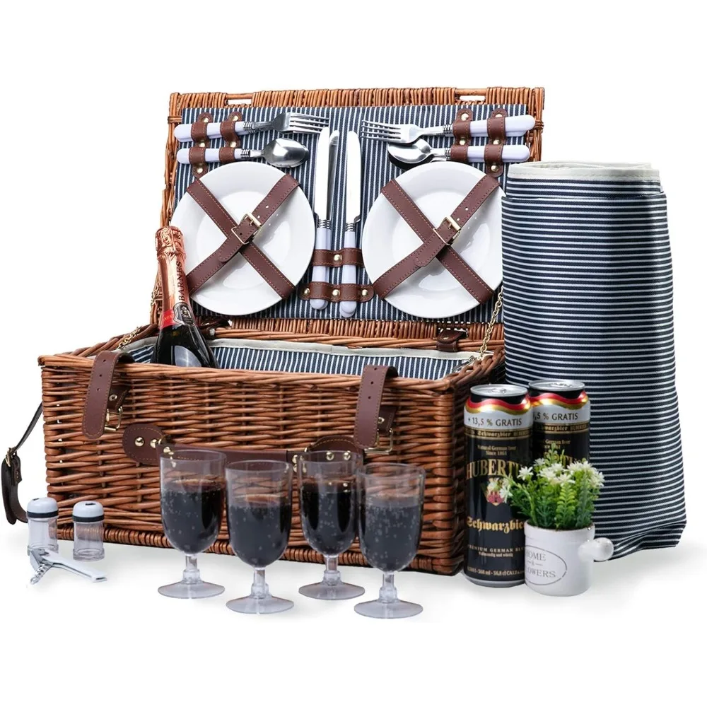 

Wicker Picnic Basket for 4 with Waterproof Picnic Blanket, Large Insulated Cooler Compartment