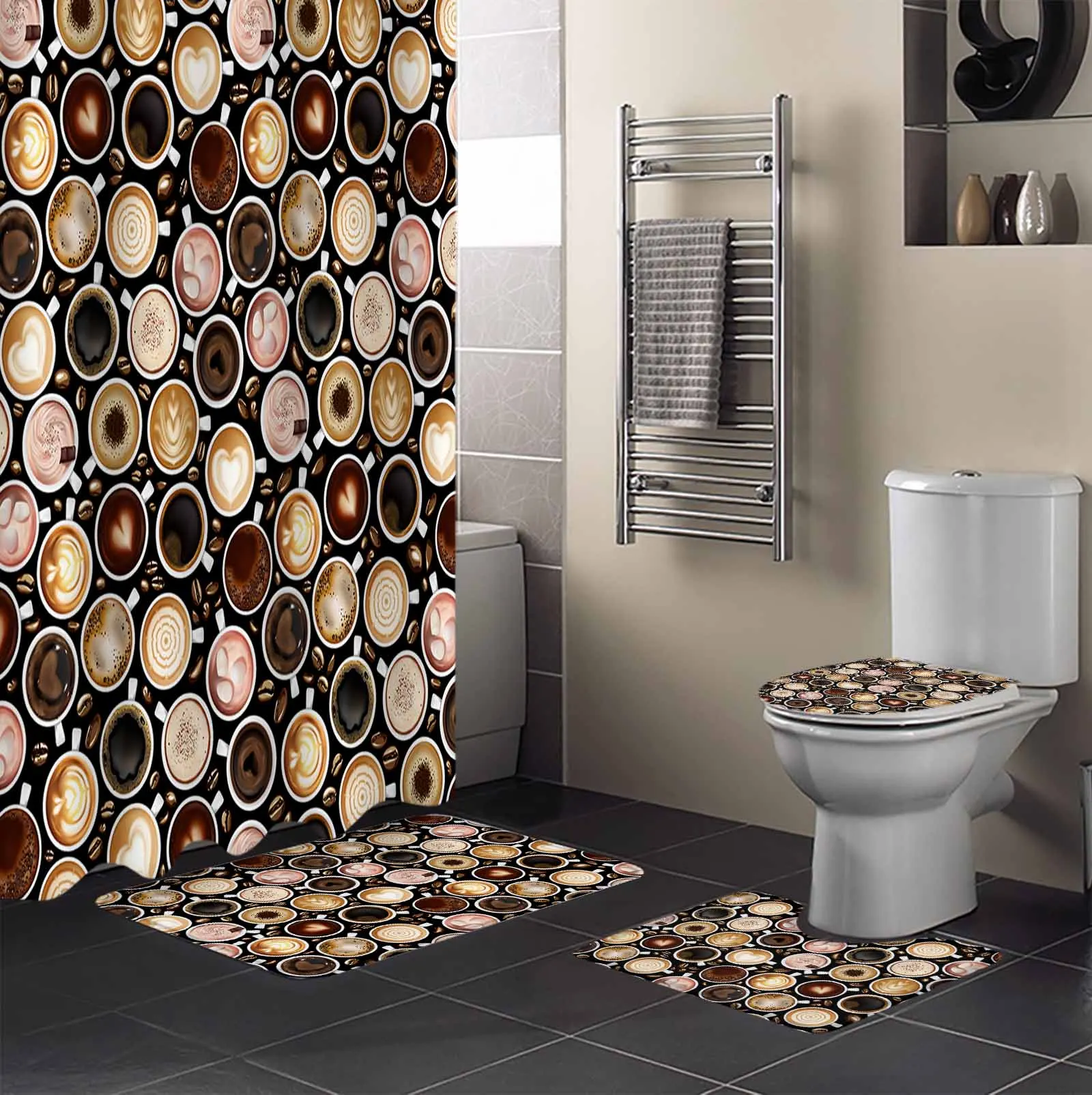 Retro Coffee Coffee Beans Cup Shower Curtain Non-Slip Rugs Toilet Lid Cover and Bath Mat Bathroom Curtains with Hooks