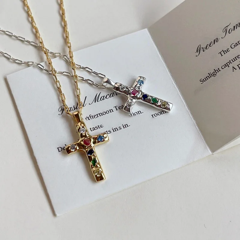 KOFSAC Colorful Zircon Cross Necklace Foreign Trade Temperament Cool Fashion 925 Sterling Silver Jewelry Collar Chain Women Gift