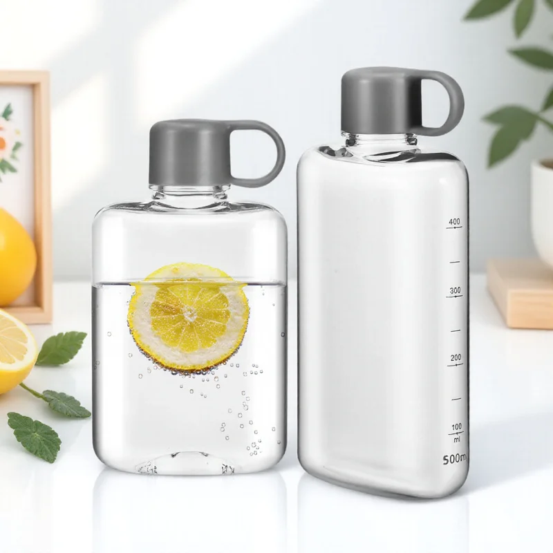 Borraccia piatta trasparente da 2 pezzi Premium Tritan portatile resistente alle perdite per palestra, viaggi, fitness, sport all'aria aperta, bottiglia d'acqua piatta