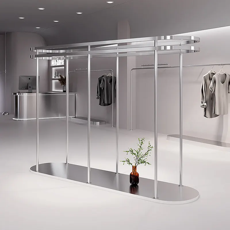 

Clothing store display rack with double rows of stainless steel hanging clothes rack in the middle, special display rack