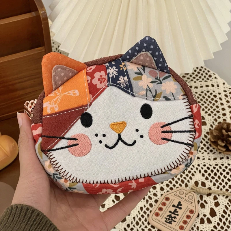 Japanese Cute Cartoon Cat Coin Purse Retro Patchwork Zipper Storage Bag Portable Cards Key Headphones Cosmetics Storage Pouch