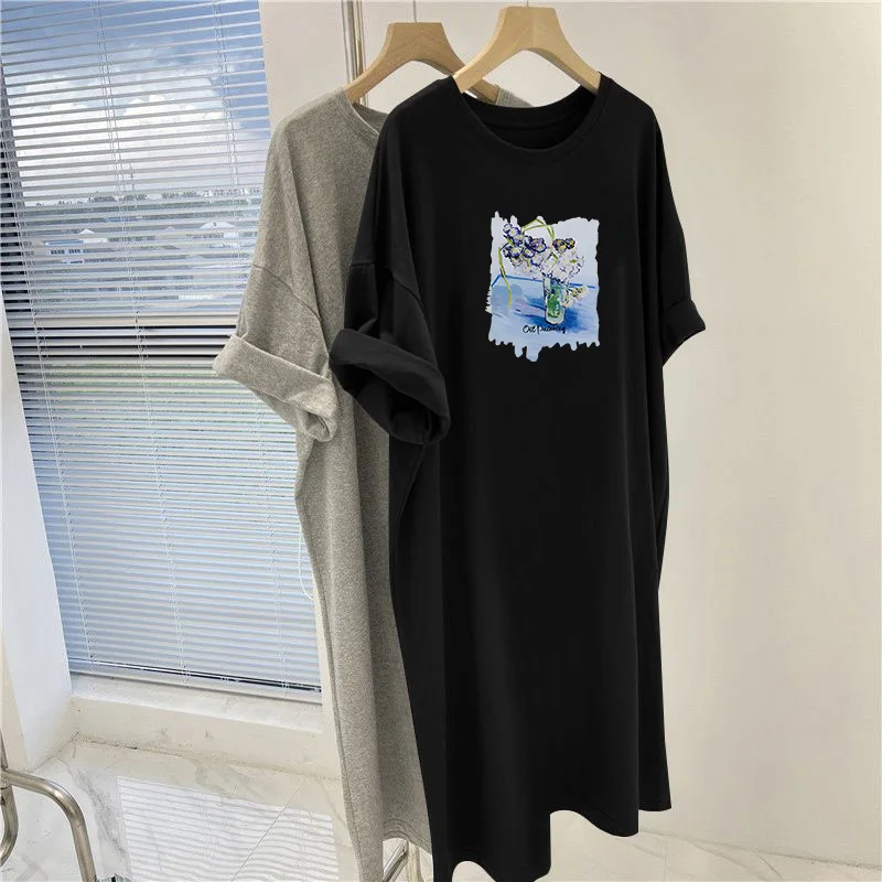 

Summer O-neck Short Sleeve Knee Length Tunic, Women Clothing Cartoon Printed Straight Dress, Casual Loose Short Sleeve Dresses