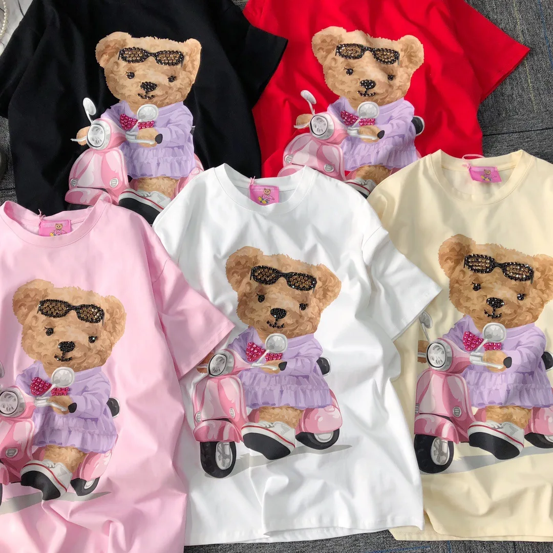 2025 Spring Summer New Korean Version Cute Bear Tops Cartoon Diamond Printed Casual Short Sleeve T-Shirt Women Oversized T Shirt